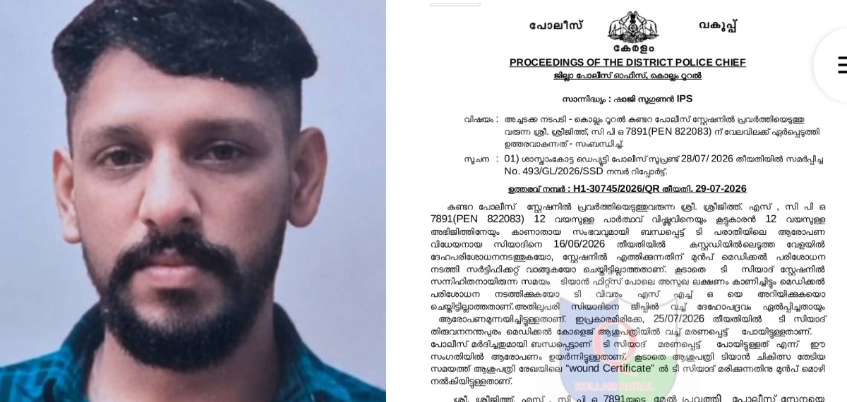 കുണ്ടറ കസ്റ്റഡി മർദ്ദനം; പോലീസുകാരനെ സസ്പെൻഡ് ചെയ്തു